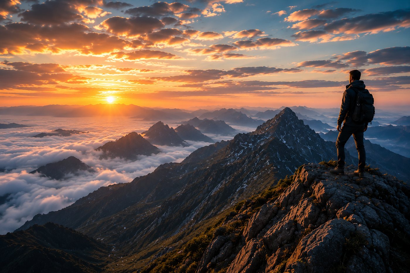 A hiker standing on a mountain ridge above the clouds at sunrise